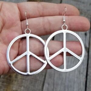 Large Peace Sign Dangle Earrings, Silver Peace Earrings, Large Peace Symbol